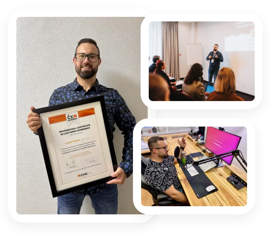 Lukáš Franko, zakladateľ Journio — s certifikátom CXAC, na workshope o ceste zákazníka a pri nahrávaní podcastu