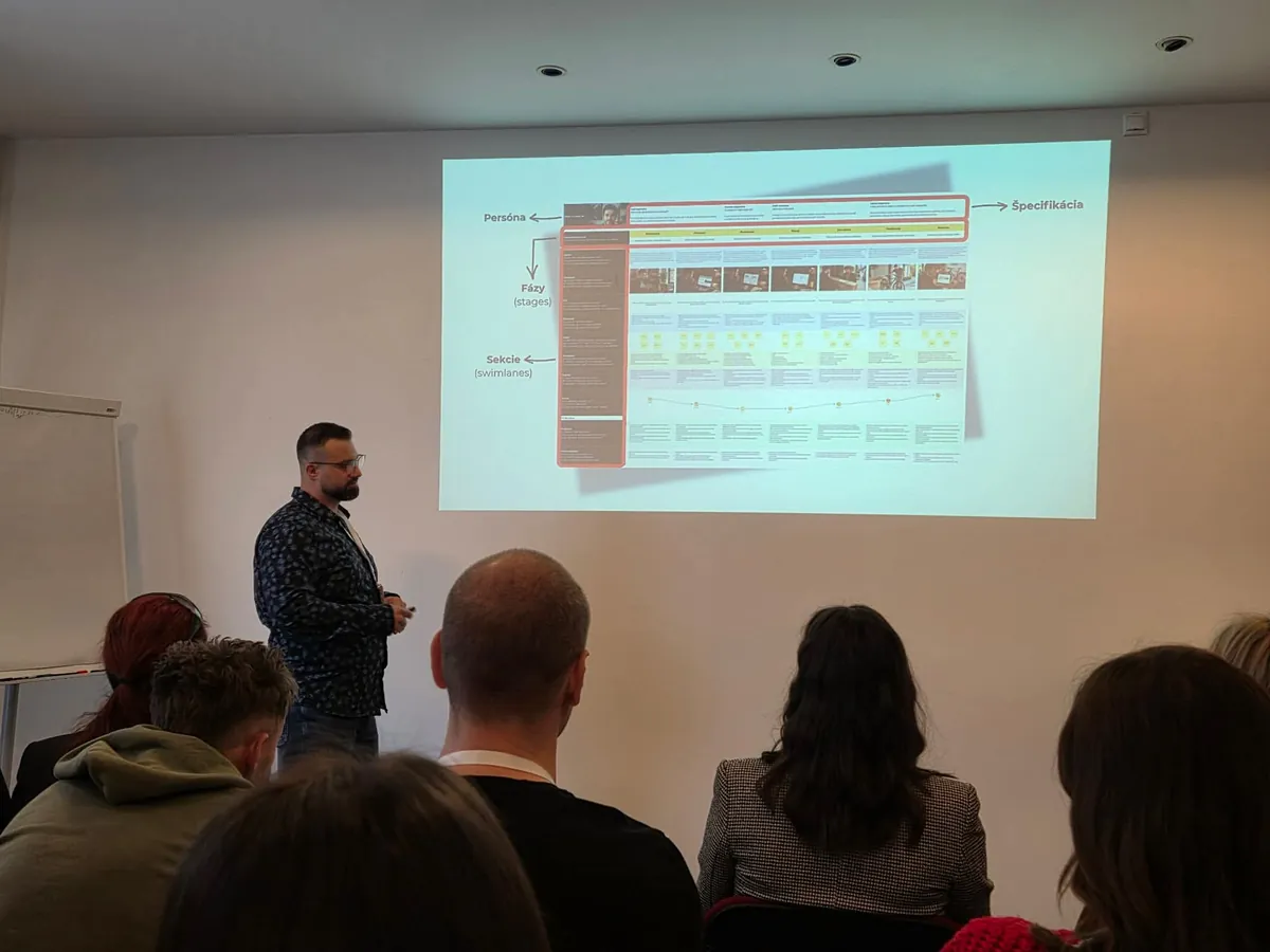 Lukáš Franko ukazuje na workshope mapu cesty zákazníka