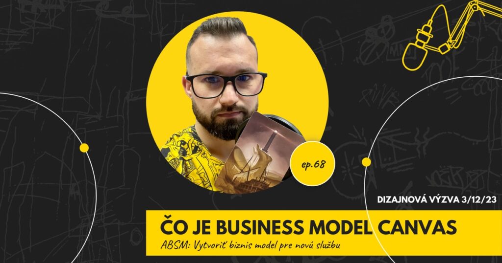 Obal 68. epizódy podcastu s nápisom „Čo je Business Model Canvas“ a podtitulom „ABSM: Vytvoriť biznis model pre novú službu“; Lukáš Franko pri mikrofóne drží kartu s majákom na ruke z piesku a s vrakom lode, vpravo označenie „Dizajnová výzva 3/12/23“.