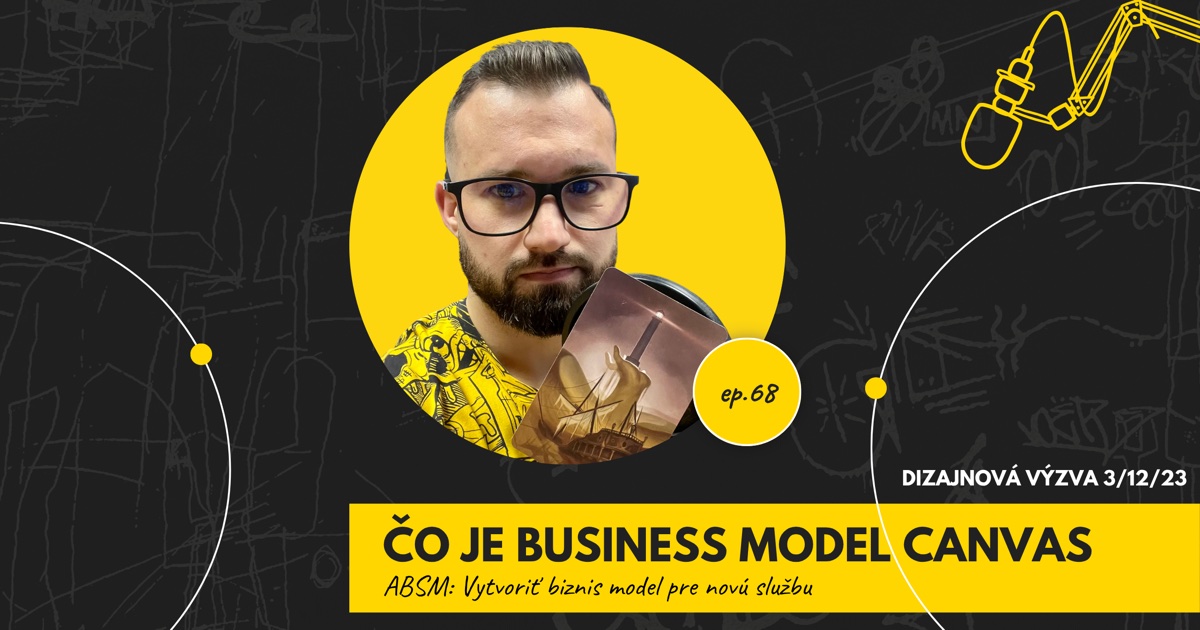 Obal 68. epizódy podcastu s nápisom „Čo je Business Model Canvas“ a podtitulom „ABSM: Vytvoriť biznis model pre novú službu“; Lukáš Franko pri mikrofóne drží kartu s majákom na ruke z piesku a s vrakom lode, vpravo označenie „Dizajnová výzva 3/12/23“.