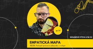 Obal 70. epizódy podcastu s nápisom „Empatická mapa“ a podtitulom „ABSM: Pochopiť správanie zákazníka v e-shope“; Lukáš Franko pri mikrofóne drží kartu s postavou s pootvorenou hlavou a zväzkom kľúčov, vpravo označenie „Dizajnová výzva 5/18/23“.