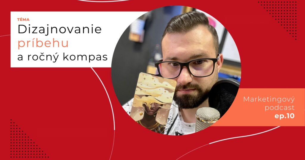 Obal 10. epizódy podcastu s témou „Dizajnovanie príbehu a ročný kompas“; Lukáš Franko pri mikrofóne drží ilustrovanú kartu.