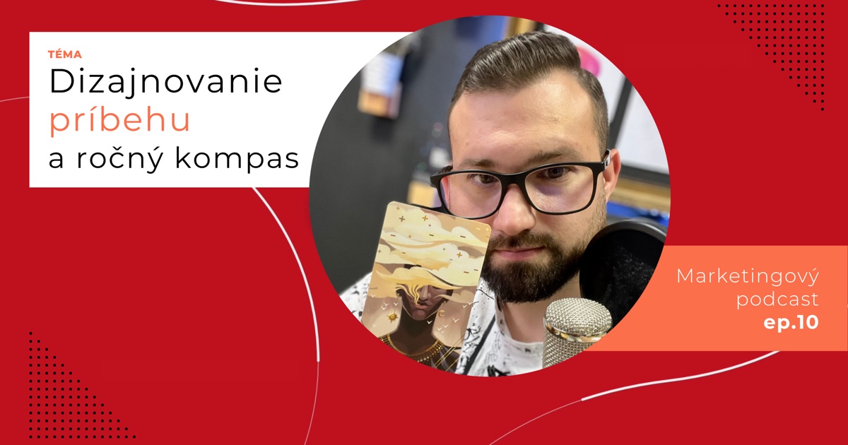 Obal 10. epizódy podcastu s témou „Dizajnovanie príbehu a ročný kompas“; Lukáš Franko pri mikrofóne drží ilustrovanú kartu.