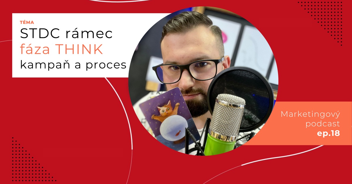 Obal 18. epizódy podcastu s témou „STDC rámec, fáza THINK, kampaň a proces“; Lukáš Franko pri mikrofóne drží kartu s mačkou, ktorá má labky rozprestreté nad guľatým akváriom s rybkou.