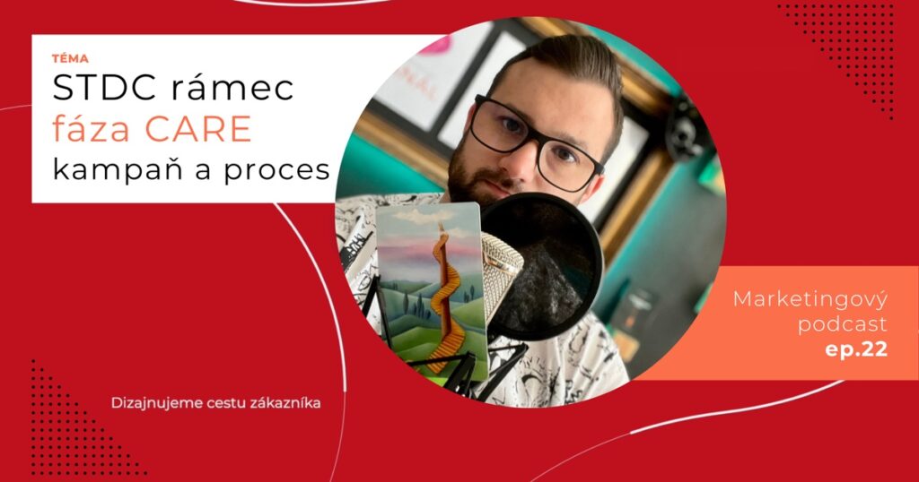 Obal 22. epizódy podcastu s témou „STDC rámec, fáza CARE, kampaň a proces“; Lukáš Franko pri mikrofóne drží kartu so schodiskom, ktoré sa na kopci točí až do oblakov.
