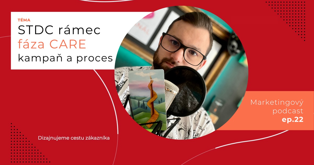 Obal 22. epizódy podcastu s témou „STDC rámec, fáza CARE, kampaň a proces“; Lukáš Franko pri mikrofóne drží kartu so schodiskom, ktoré sa na kopci točí až do oblakov.