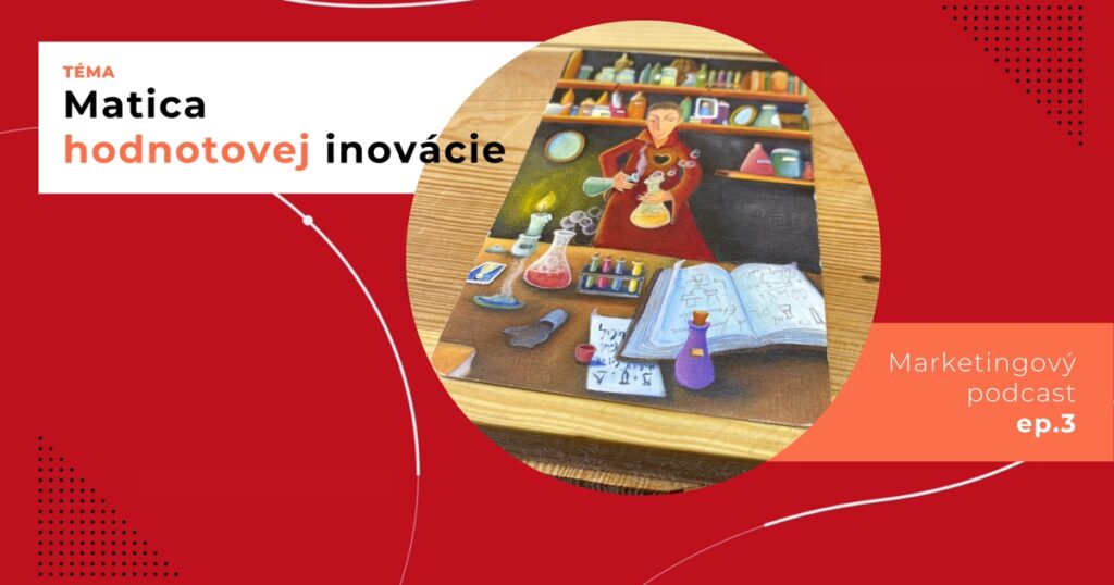 Obal 3. epizódy podcastu s témou „Matica hodnotovej inovácie“; karta, na ktorej alchymista v dielni medzi bankami, skúmavkami a otvorenou knihou prelieva tekutinu z jednej banky do druhej.