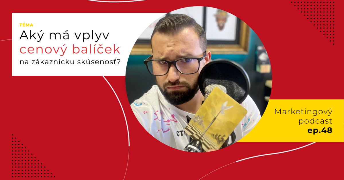 Obal 48. epizódy podcastu s otázkou „Aký má vplyv cenový balíček na zákaznícku skúsenosť?“; Lukáš Franko pri mikrofóne drží kartu so šachovnicou, do ktorej je zapichnutý meč s holubicou.