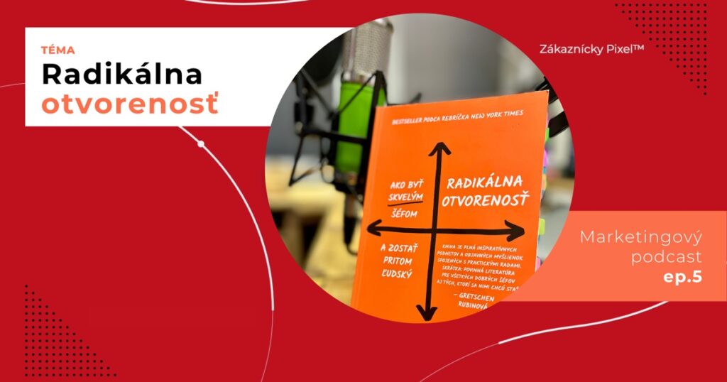 Obal 5. epizódy podcastu s témou „Radikálna otvorenosť“; pred mikrofónom je oranžová kniha Radikálna otvorenosť s podtitulom „Ako byť skvelým šéfom a zostať pritom ľudský“.
