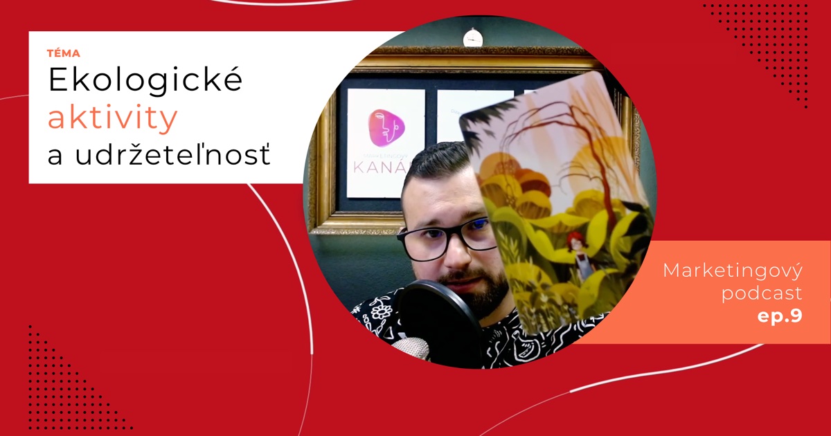 Obal 9. epizódy podcastu s témou ekologických aktivít a udržateľnosti; Lukáš Franko pri mikrofóne drží kartu s malou postavou s červenými vlasmi medzi žltými rastlinami pod stromom s červenými konármi.